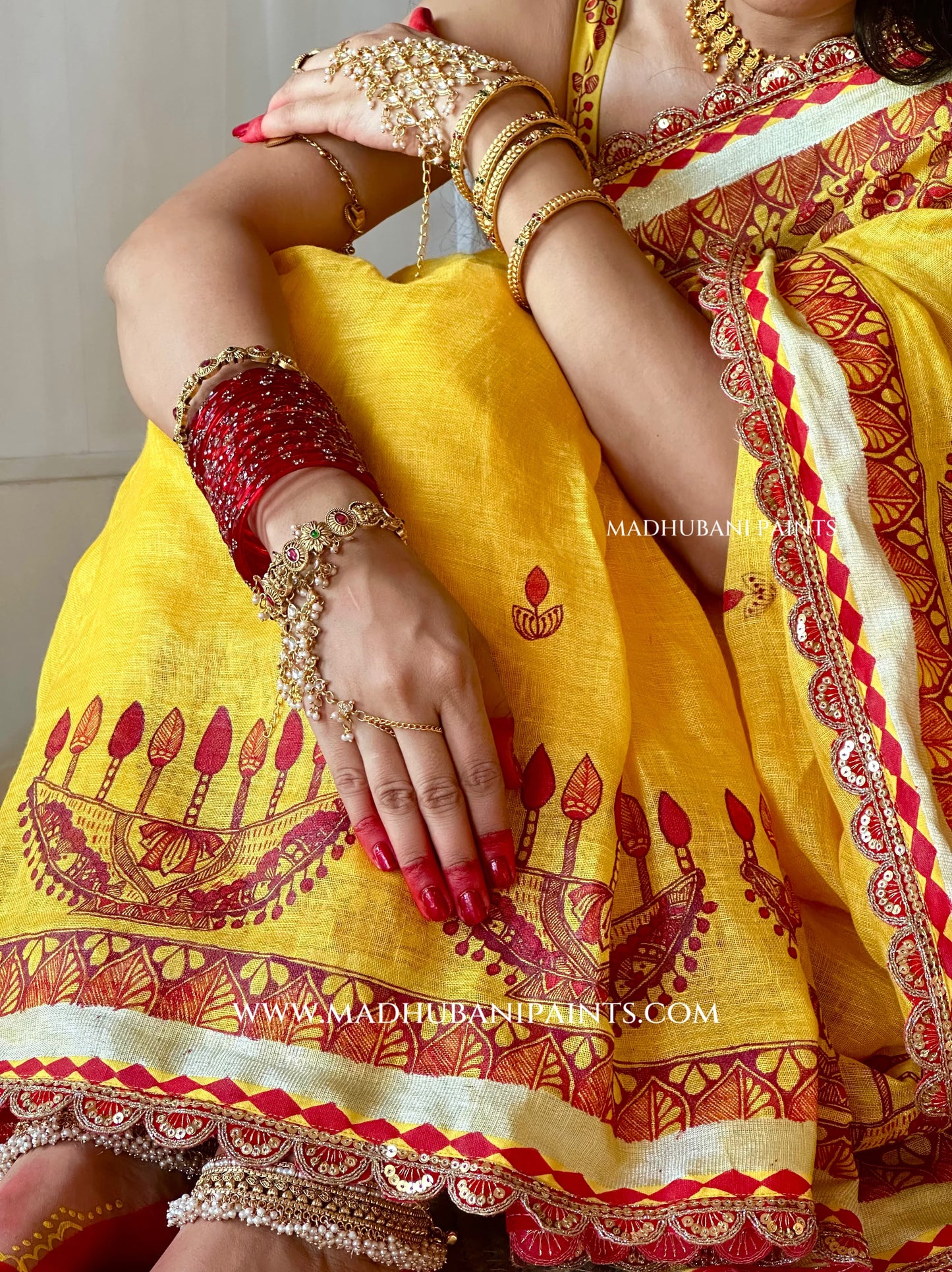 Haldi Bridal Hand-painted Madhubani Painting Saree Blouse Set