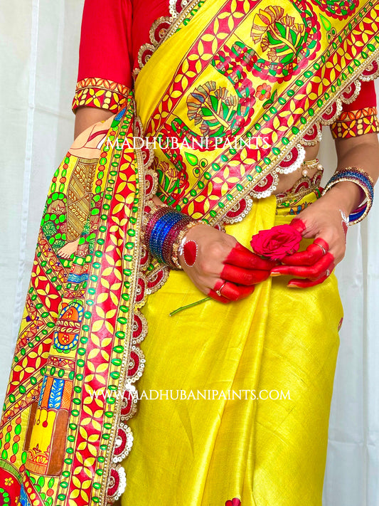 UPNAYAN Hand-painted Madhubani Tussar Silk Saree Blouse Set