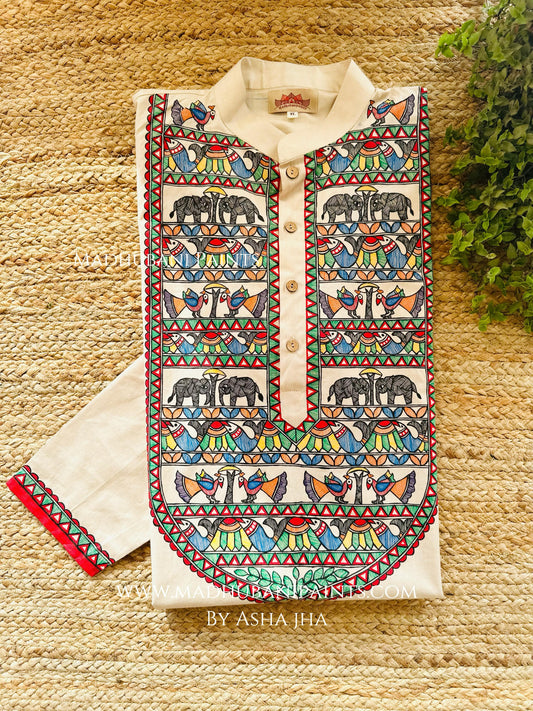 Hathi Mor Machli Men's Hand-painted  Madhubani Cotton Kurta