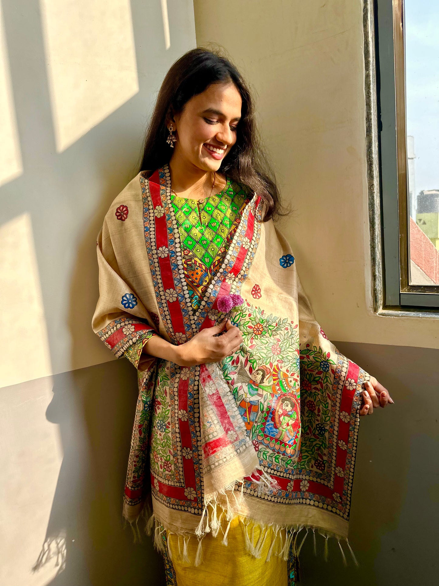 Bidaai Madhubani Hand-painted Tussar Silk Stole