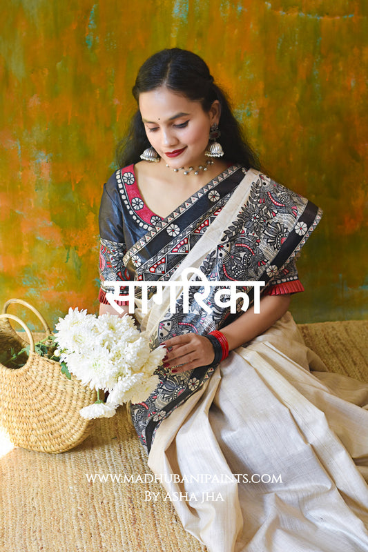 'SAGARIKA'  Hand-Painted Madhubani Tussar Silk Saree
