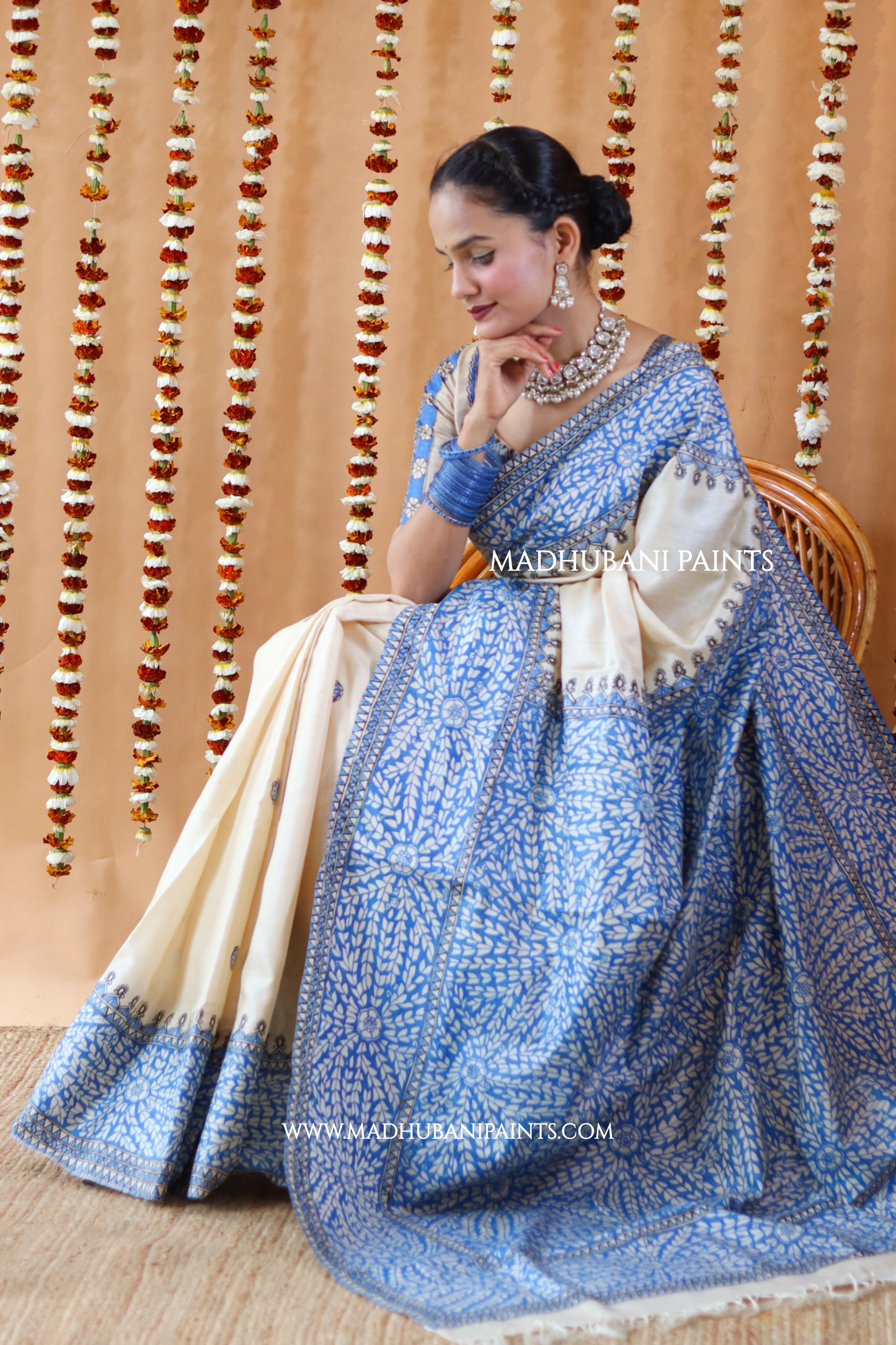 Blue Patta Handpainted Tussar Silk Saree Blouse Set