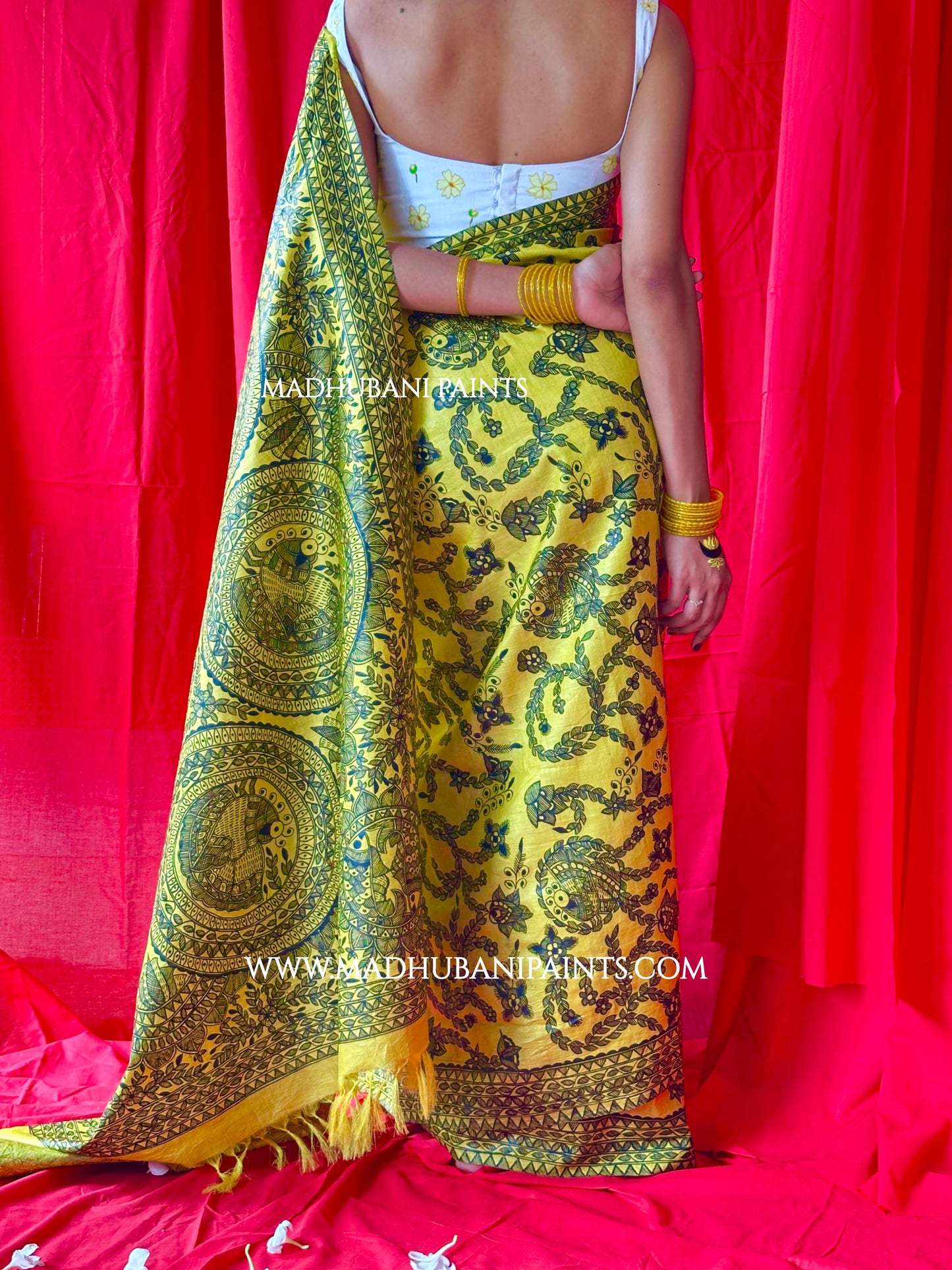 MAYUR MANDALI Full Handpainted Madhubani Saree