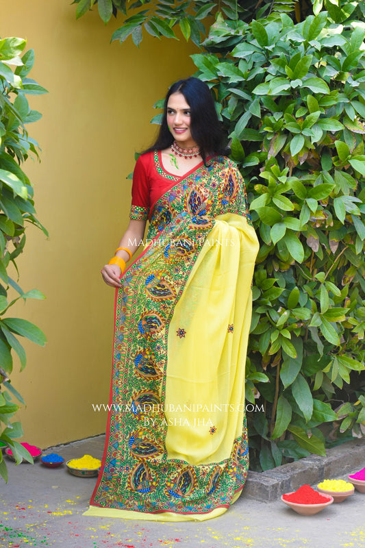 PHAGUA Handpainted Madhubani Georgette Saree