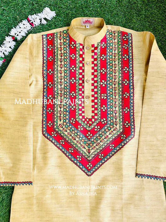 Yellow Phool Kamal Hand-painted Madhubani Men's Cotton Kurta