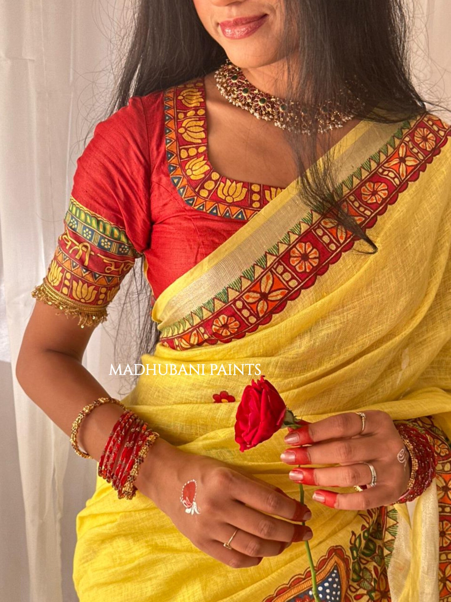 Linen Bridal Hand-painted Madhubani Painting Saree Blouse Set