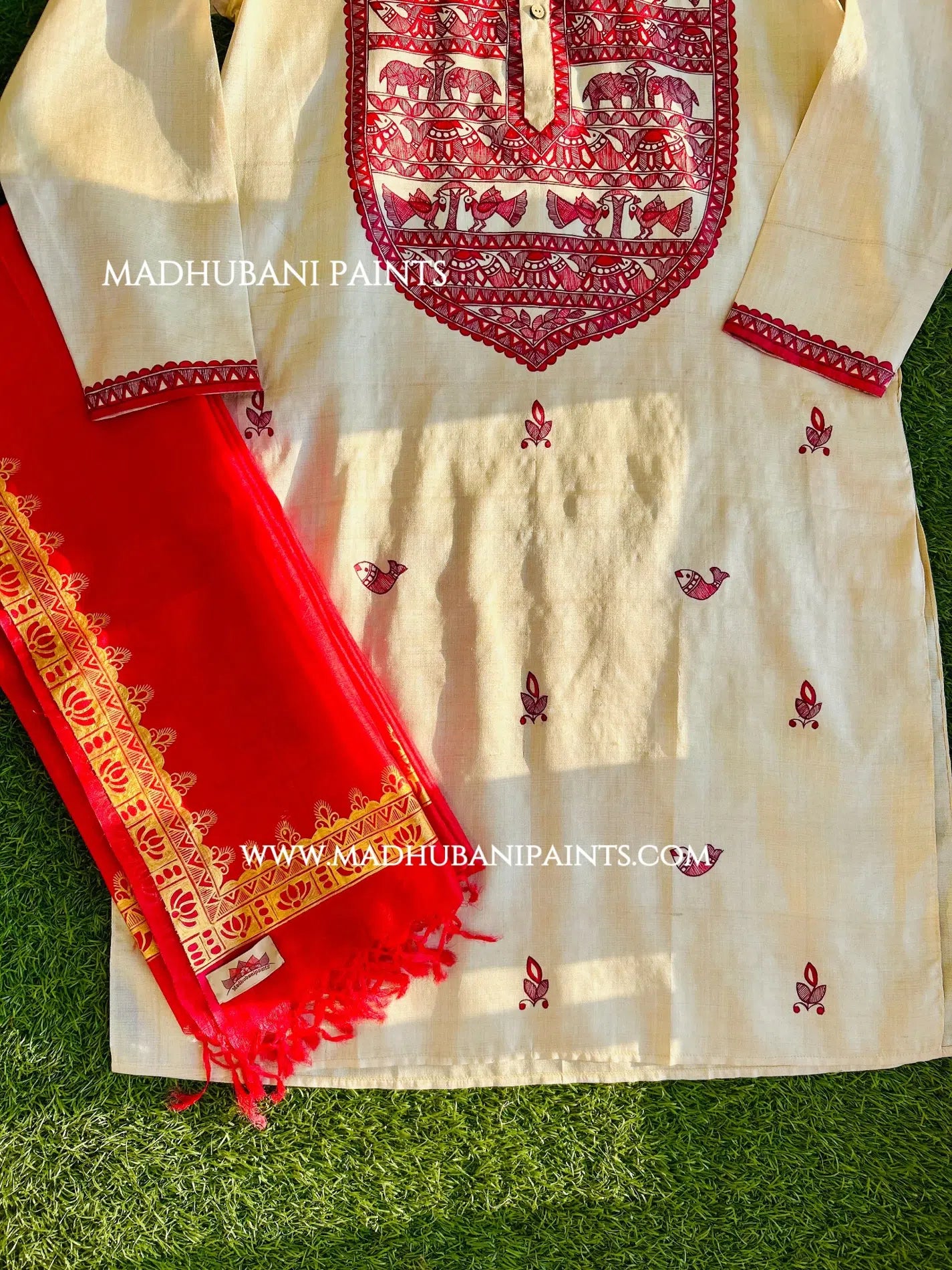 Laal Machli Kurta Groom Hand-painted  Madhubani Men's Tussar Silk Kurta