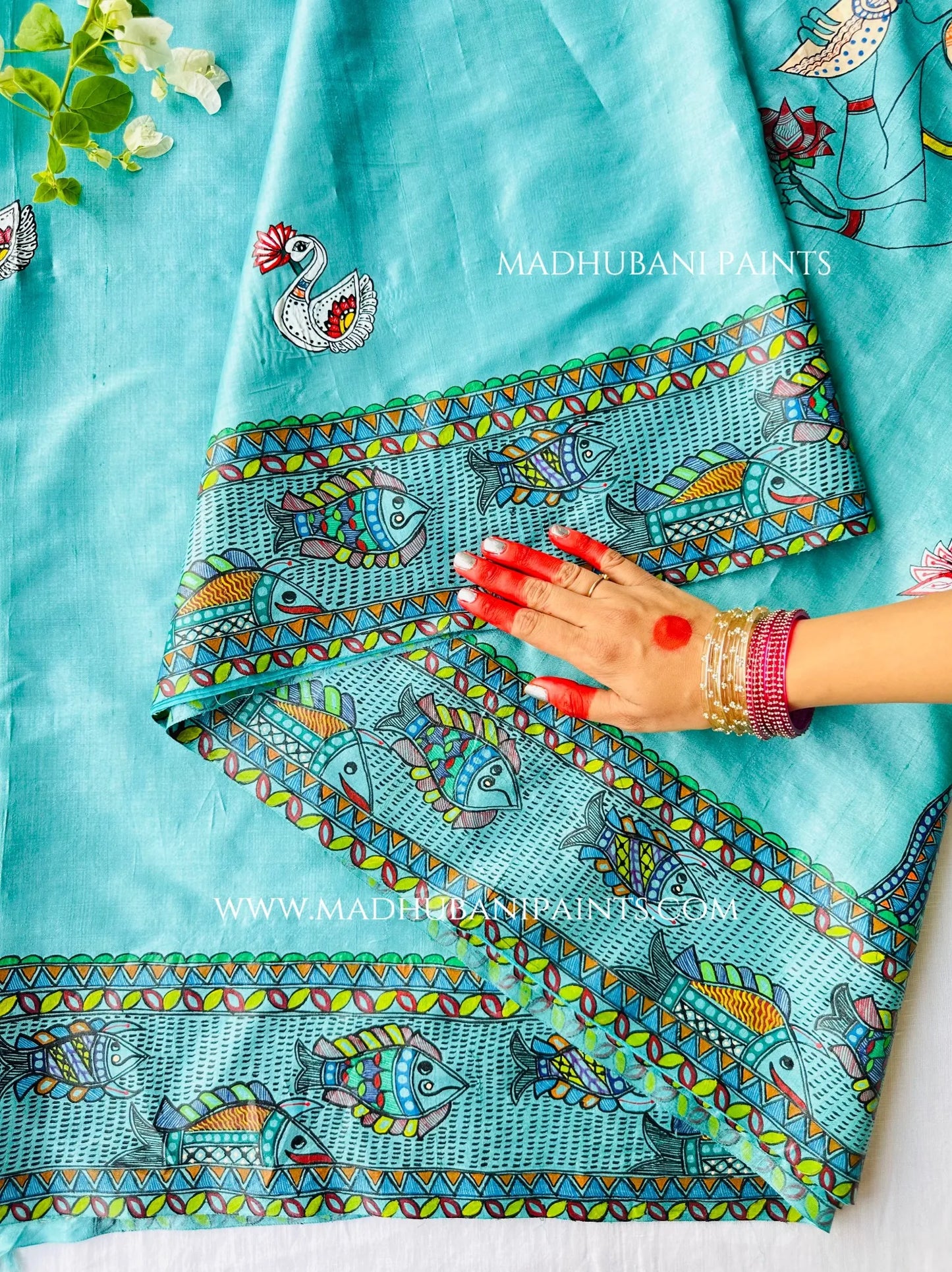Neel 'MATSYA AVATAR' Handpainted Madhubani Tussar Silk Saree Blouse Set