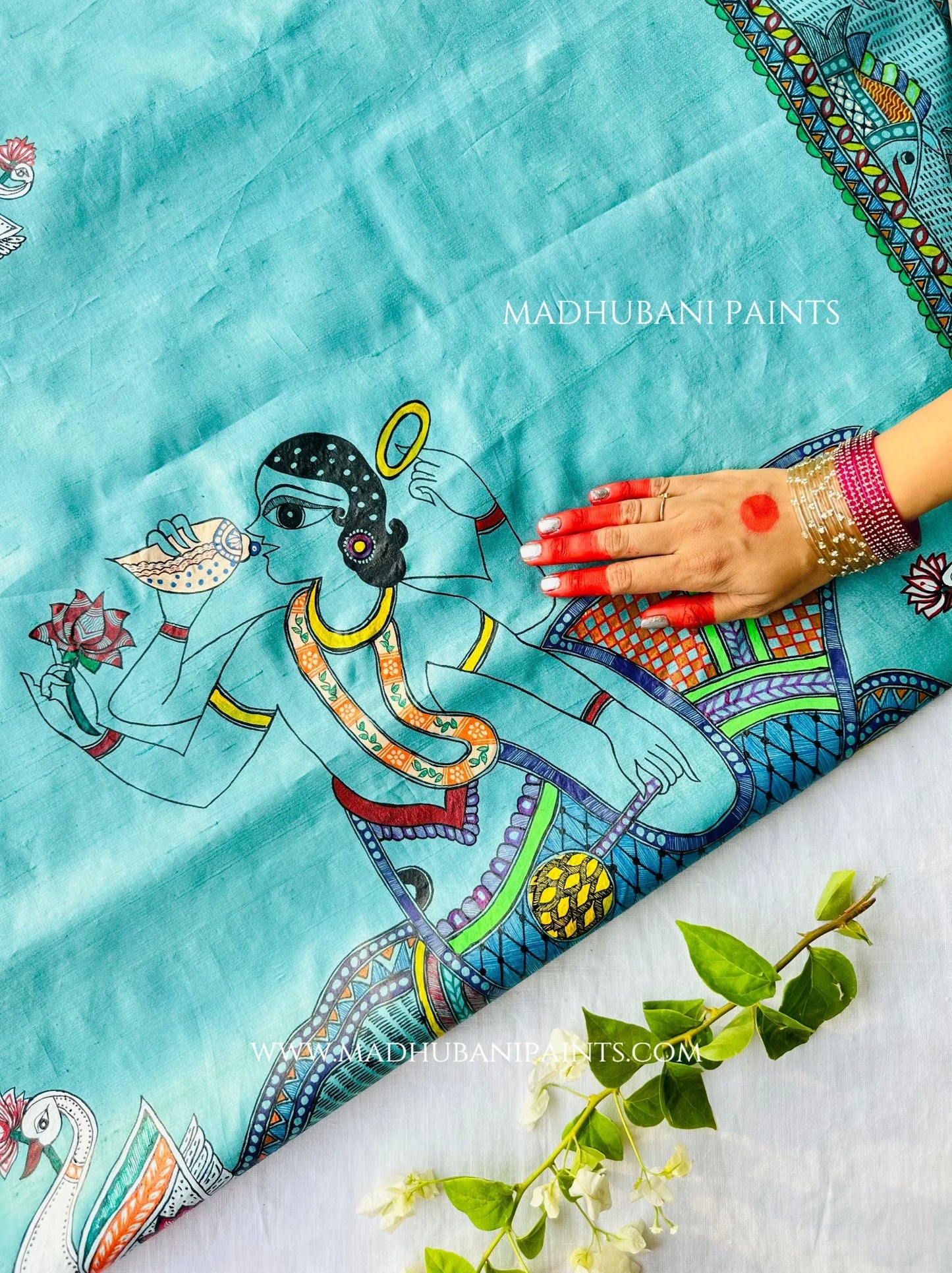 Neel 'MATSYA AVATAR' Handpainted Madhubani Tussar Silk Saree Blouse Set