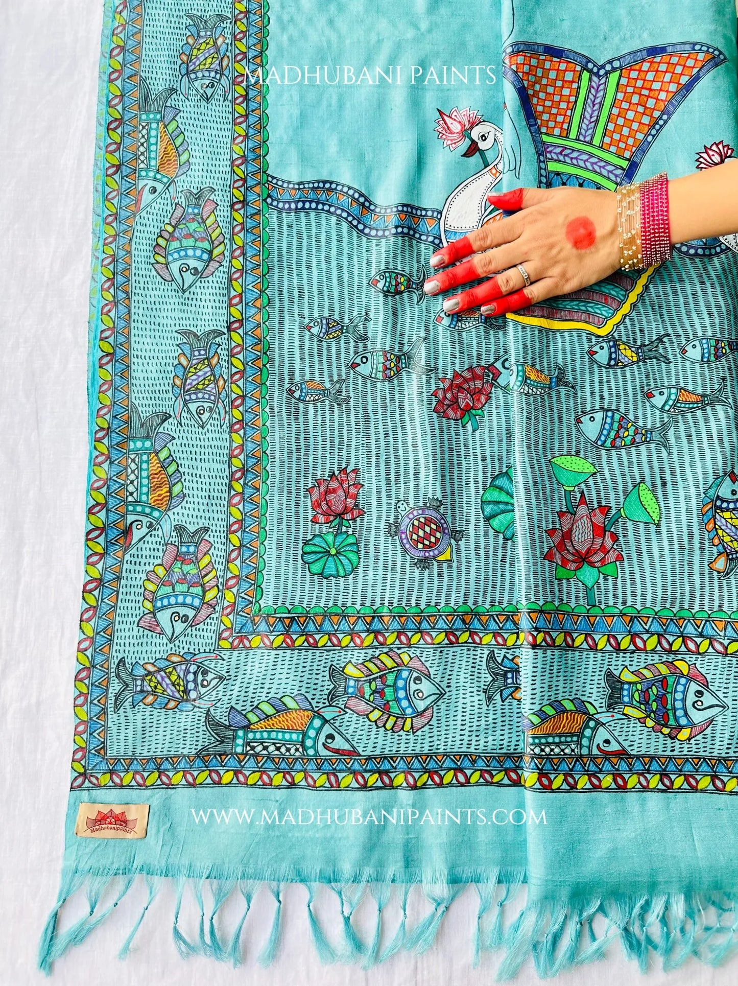 Neel 'MATSYA AVATAR' Handpainted Madhubani Tussar Silk Saree Blouse Set