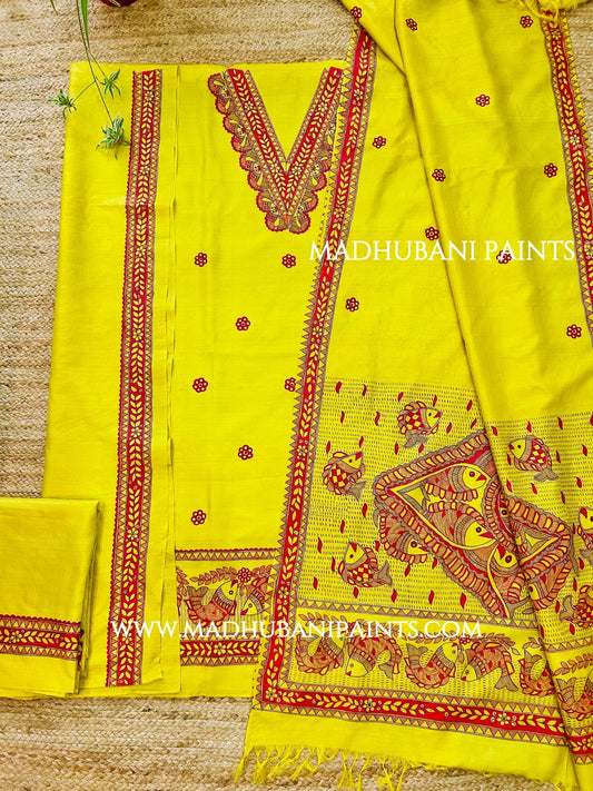 Bright yellow Madhubani painting kurta set featuring intricate red fish motifs and traditional Mithila artwork for weddings.