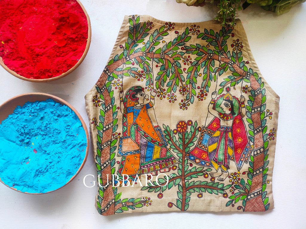 'Jhule Nand Lal sang Radha Rani' Madhubani Hand Painted Blouse