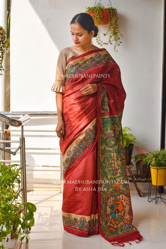 'MAHISASUR MARDINI' Handpainted Tussar Silk Saree