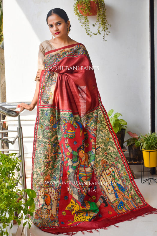 'MAHISASUR MARDINI' Handpainted Tussar Silk Saree