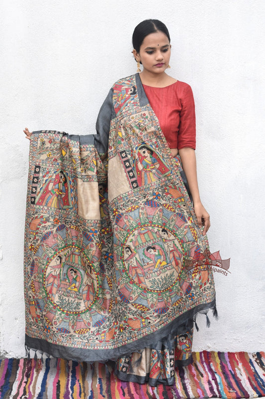 Madhubani Doli Ka Haar Handpainted Tussar Saree