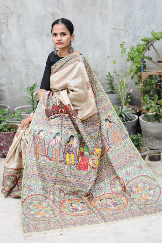 Puja Ceremony Handpainted Tussar Silk Saree