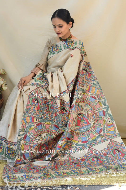 Gaon Ghar Doli Madhubani Handpainted Tussar Silk Saree