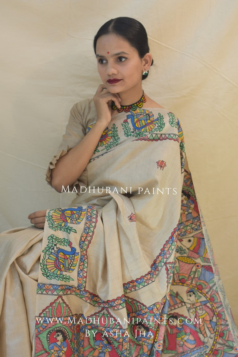 Gaon Ghar Doli Madhubani Handpainted Tussar Silk Saree