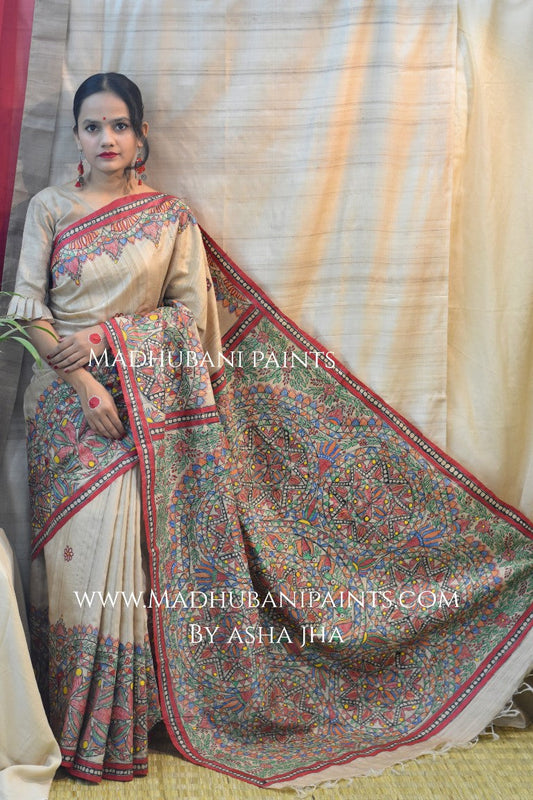 Saankh Leela Handpainted Madhubani Tussar Silk Saree