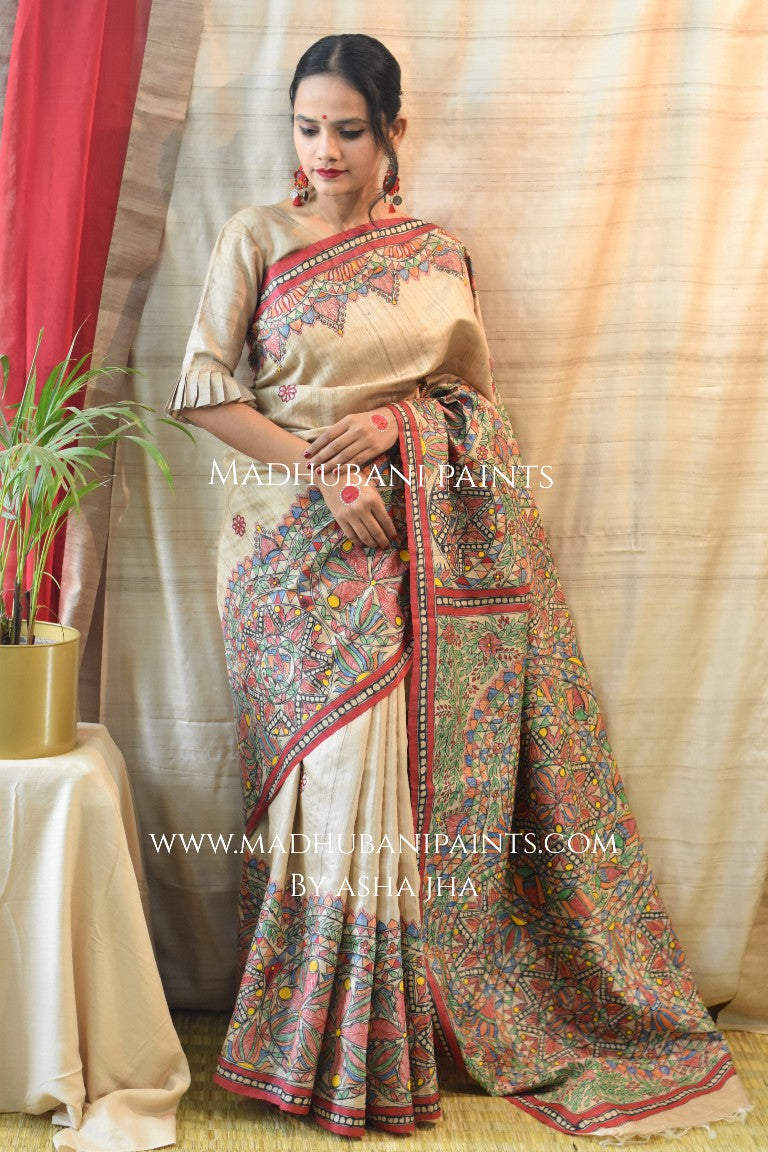 Saankh Leela Handpainted Madhubani Tussar Silk Saree