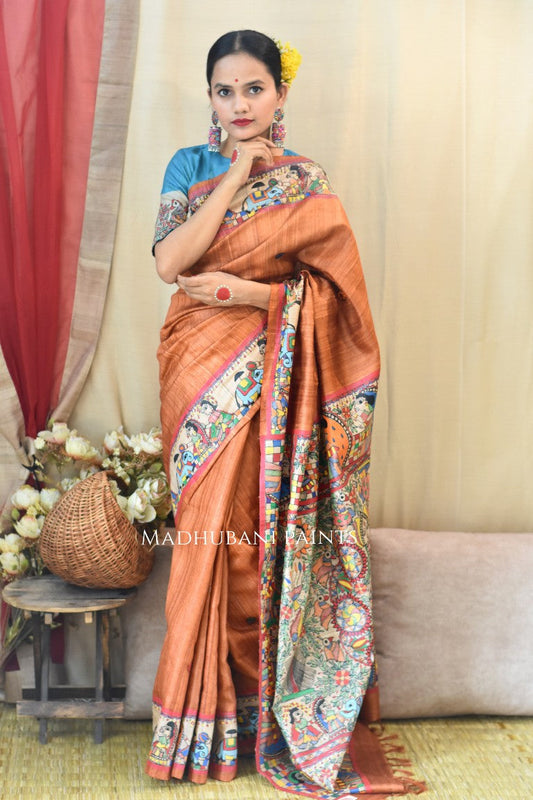 Rust Orange Kohbar Vivah Hand Painted Madhubani Tussar Silk Saree Blouse Set