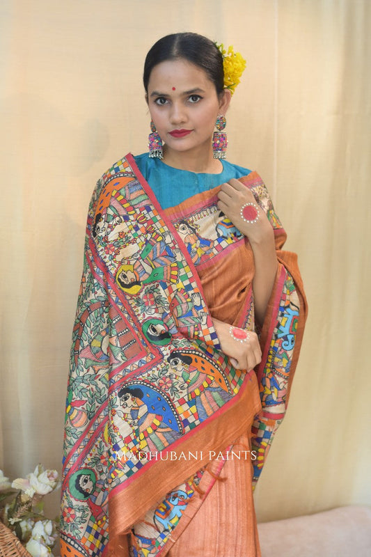 Rust Orange Kohbar Vivah Hand Painted Madhubani Tussar Silk Saree Blouse Set