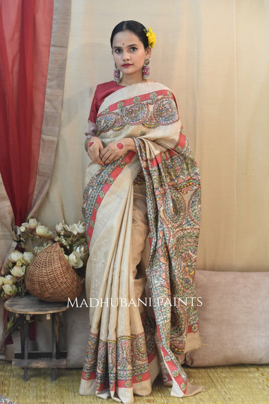 Peacock Tussar Madhubani Painted Saree