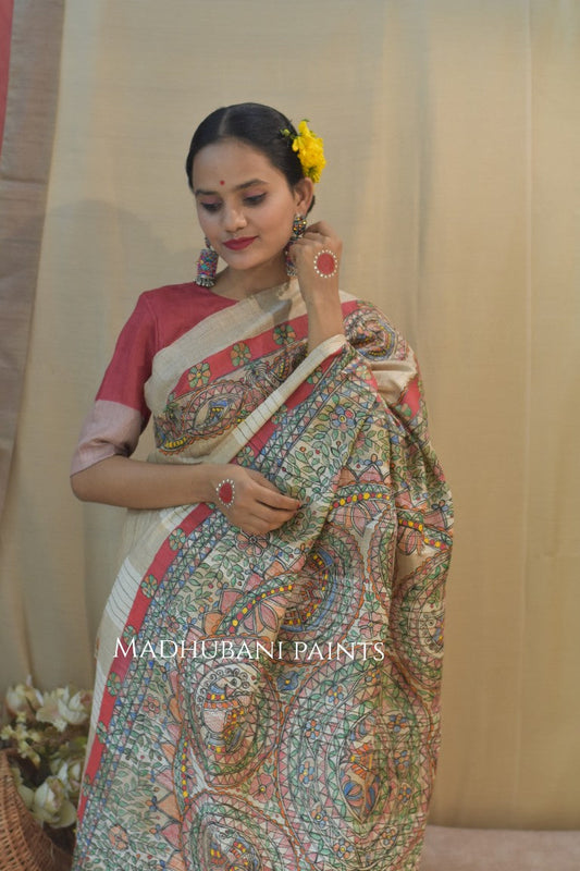 Peacock Tussar Madhubani Painted Saree