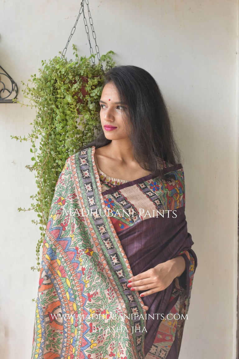 Bidai In Mithila Handpainted Madhubani Painting Saree with stitched blouse
