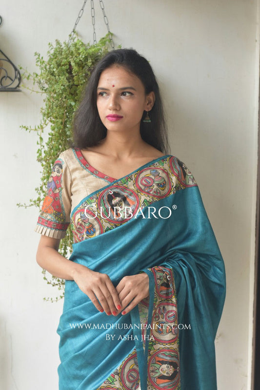 Bengali Wedding Tussar Madhubani Painting Saree with stitched blouse
