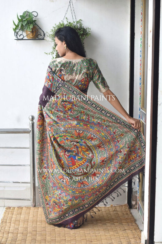 Bidai In Mithila Handpainted Madhubani Painting Saree with stitched blouse