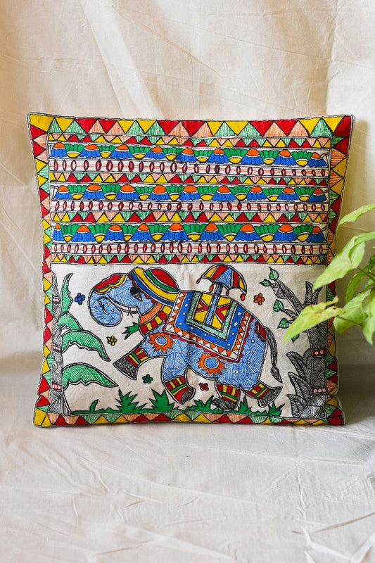 Madhubani Handpainted Gajraja Cushion