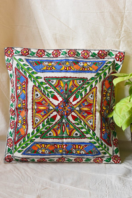 Madhubani Handpainted Matsya Cushion