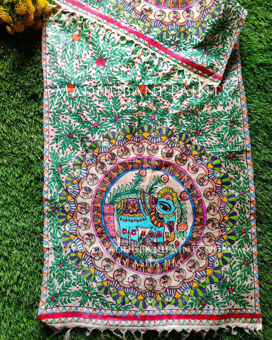 Elephant In Mithila Tussar Silk Stole