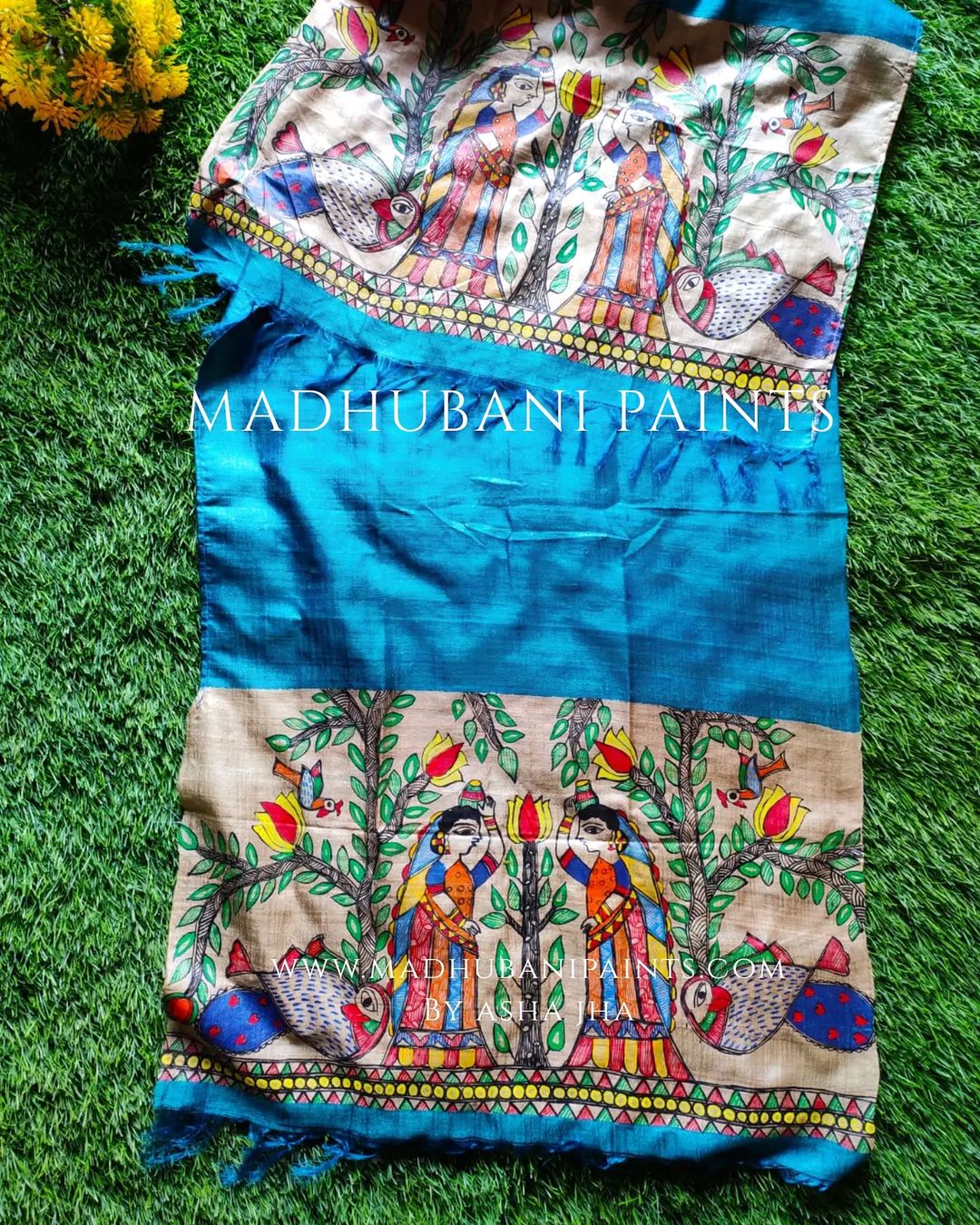 Gopiyaan Madhubani Blue Tussar Silk Stole