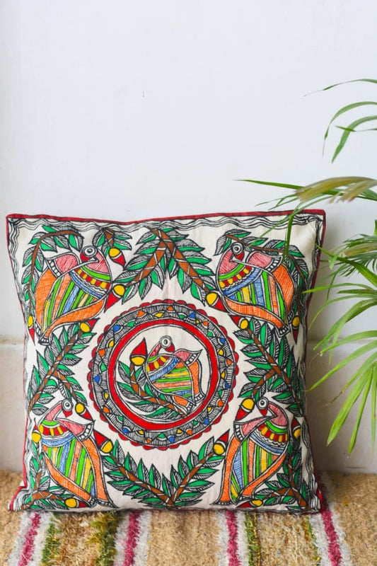 Madhubani Handpainted Rangeen Mayuri Cushion