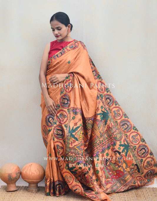 'BENGALI VIVAH' Handpainted Madhubani Tussar Silk Saree