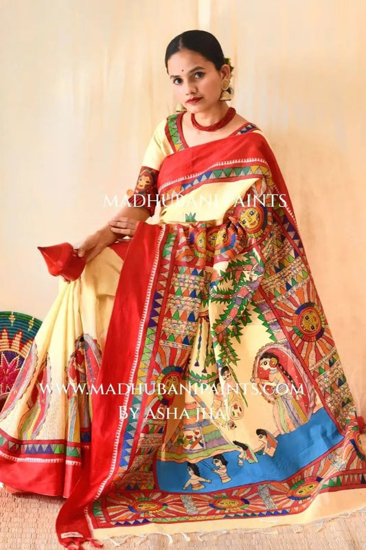 Chhath Puja Handpainted Madhubani Handloom Cotton Saree