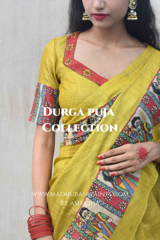 'GOLU DURGA JI' Handpainted Madhubani Tussar Silk Saree Blouse Set