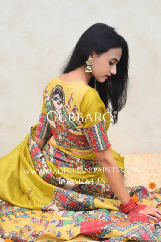 'GOLU DURGA JI' Handpainted Madhubani Tussar Silk Blouse