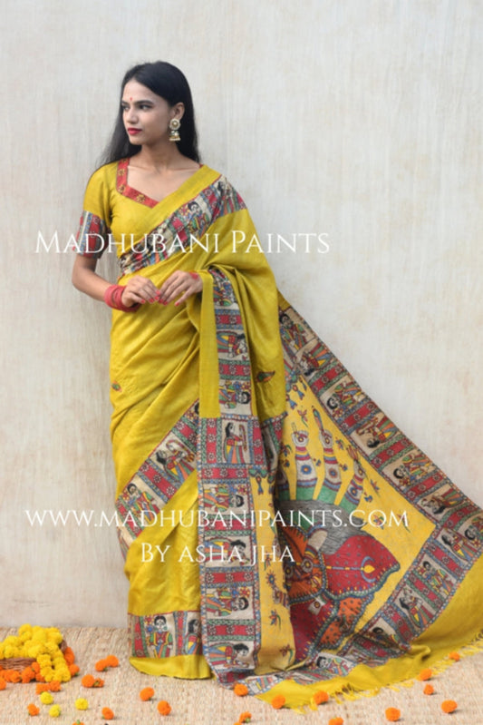 'GOLU DURGA JI' Handpainted Madhubani Tussar Silk Saree