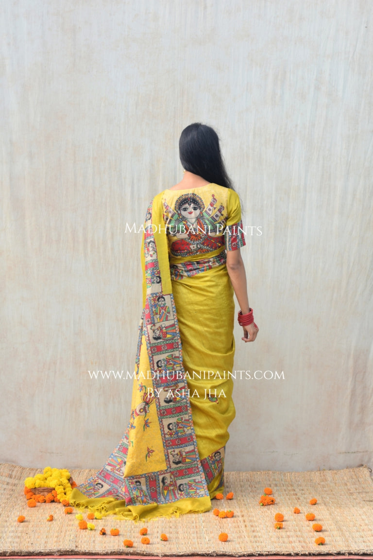 'GOLU DURGA JI' Handpainted Madhubani Tussar Silk Saree Blouse Set