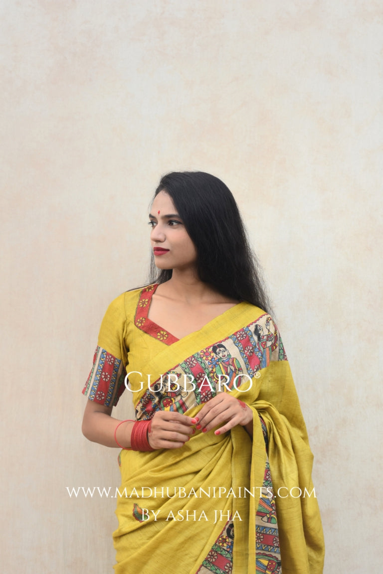'GOLU DURGA JI' Handpainted Madhubani Tussar Silk Saree Blouse Set