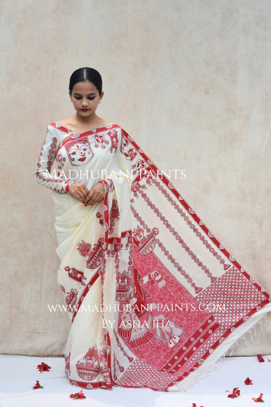 'BRAHMCHARINI' Handpainted Madhubani Bishnupuri Silk Saree Blouse Set