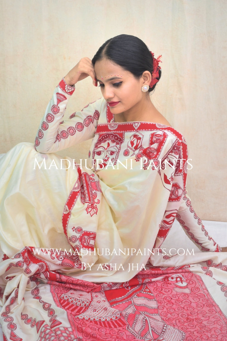 'BRAHMCHARINI' Handpainted Madhubani Bishnupuri Silk Saree Blouse Set