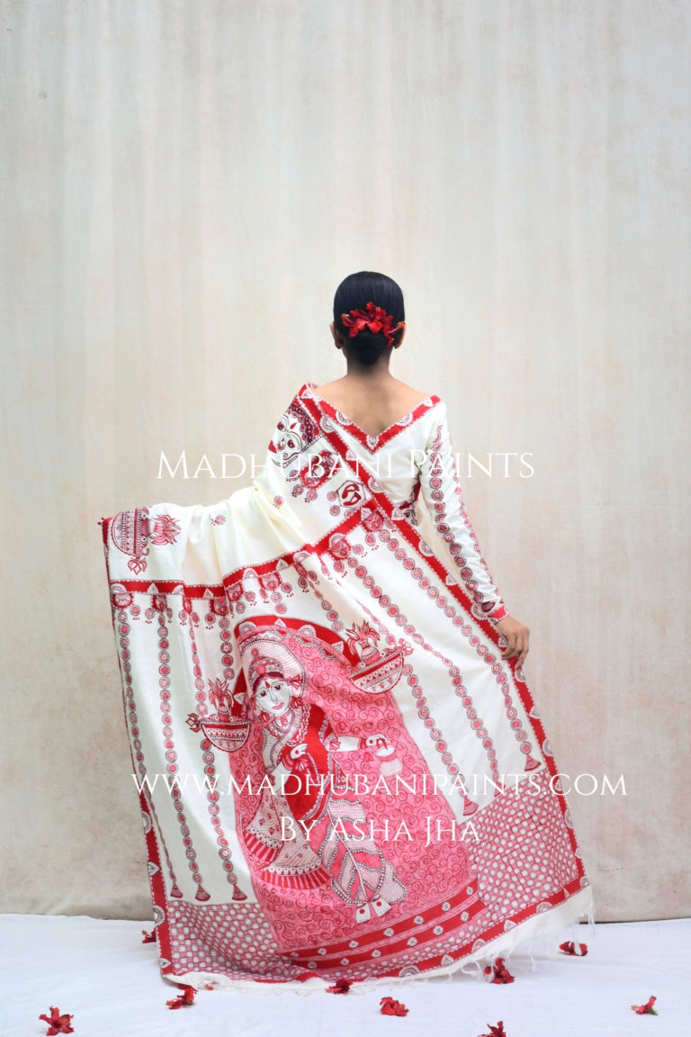 'BRAHMCHARINI' Handpainted Madhubani Bishnupuri Silk Saree Blouse Set