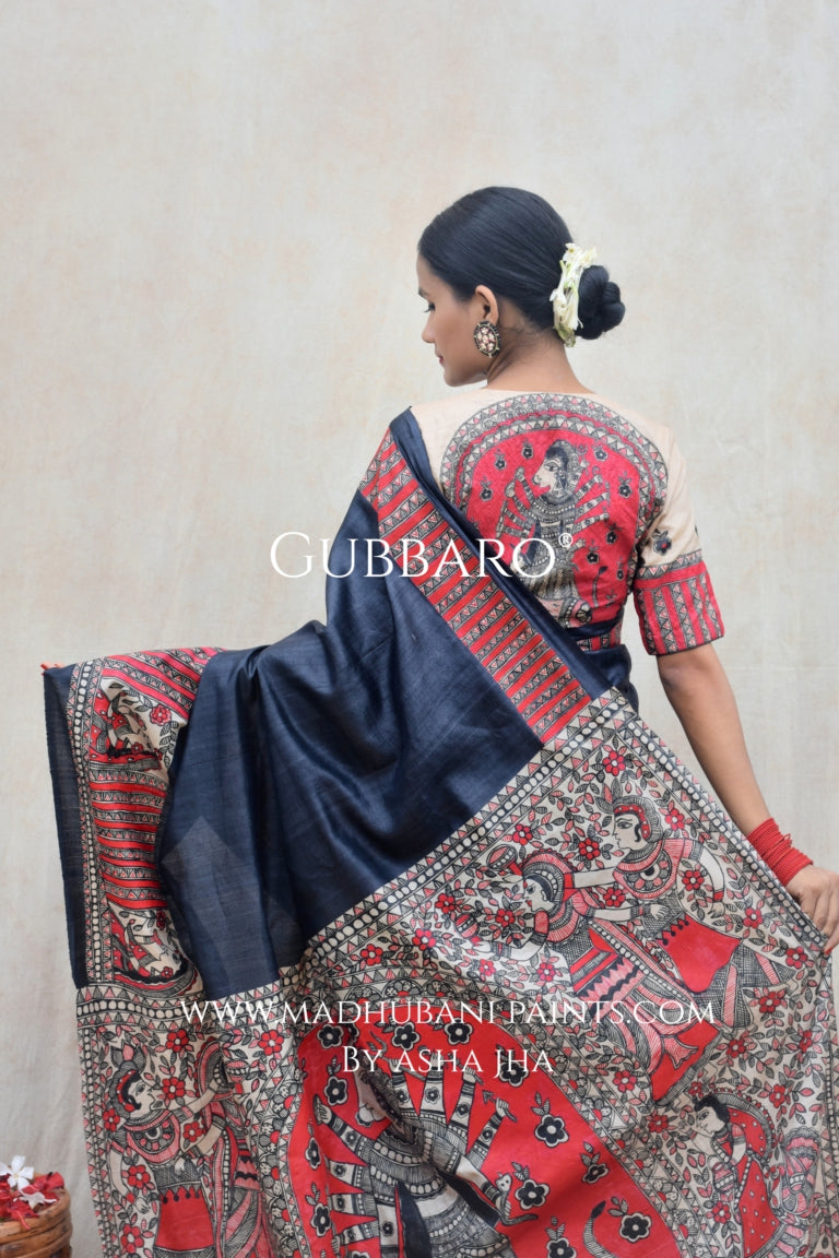 'SHATAKSHI' Handpainted Madhubani Tussar Silk Saree Blouse Set