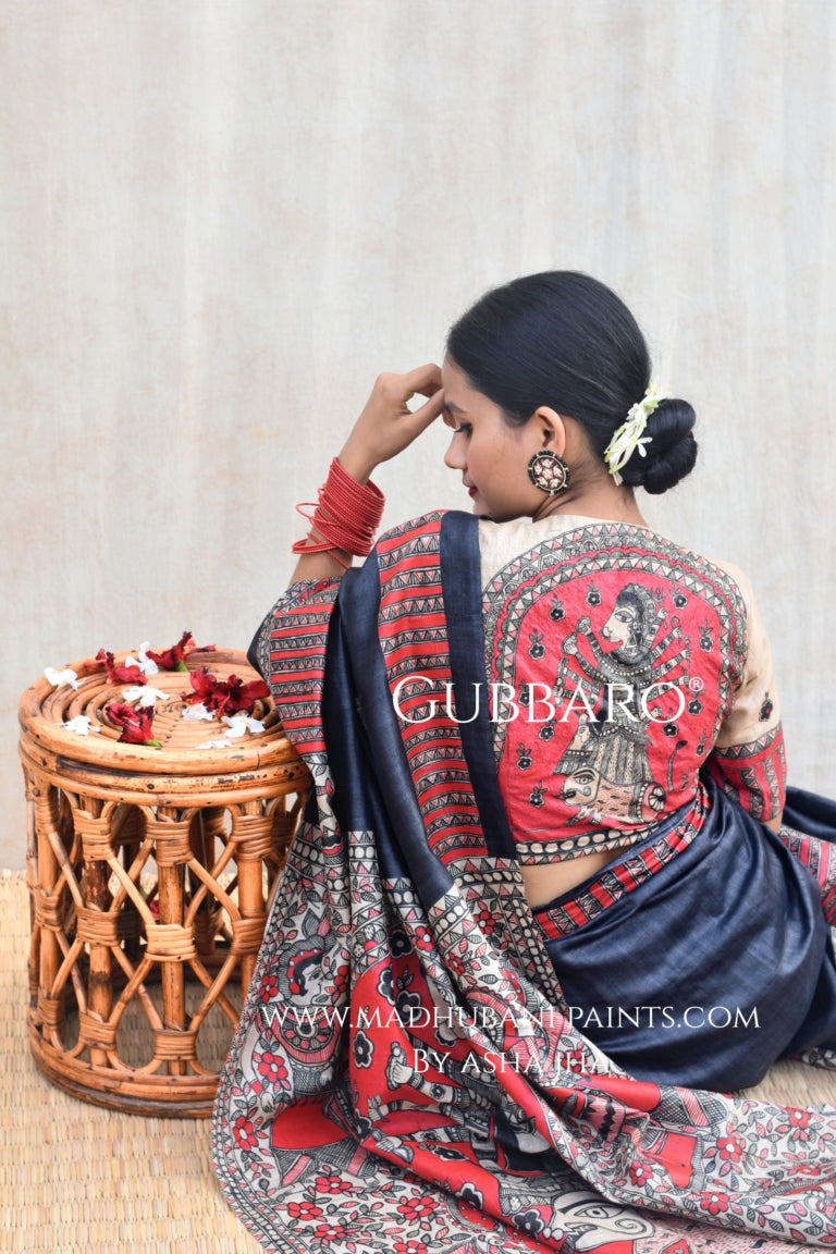 'SHATAKSHI' Handpainted Madhubani Tussar Silk Saree Blouse Set