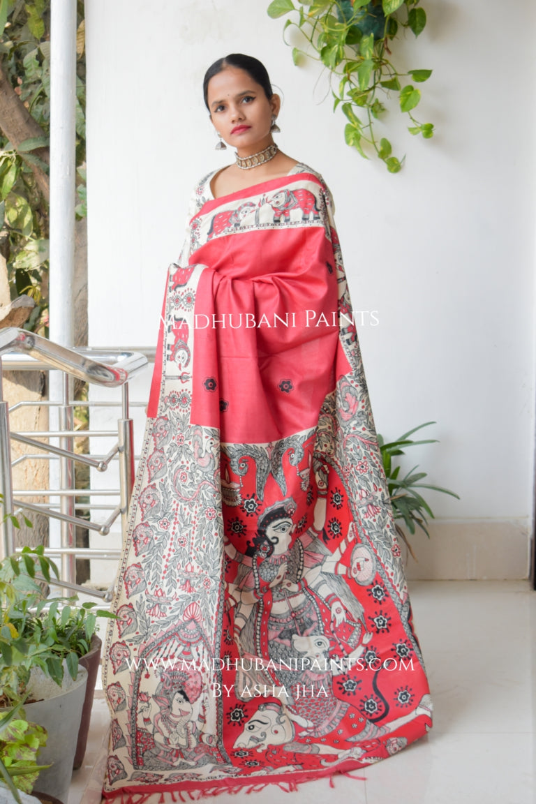 Navdurga Red Handpainted Madhubani Tussar Silk Saree  Blouse Set