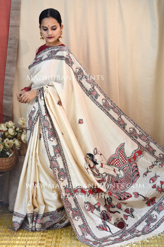 'MATSYA AVATAR' Handpainted Madhubani Tussar Silk Saree